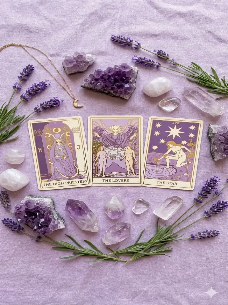 Cartas del tarot: Sacerdotisa, Enamorados y Estrella — Esencia Arcana